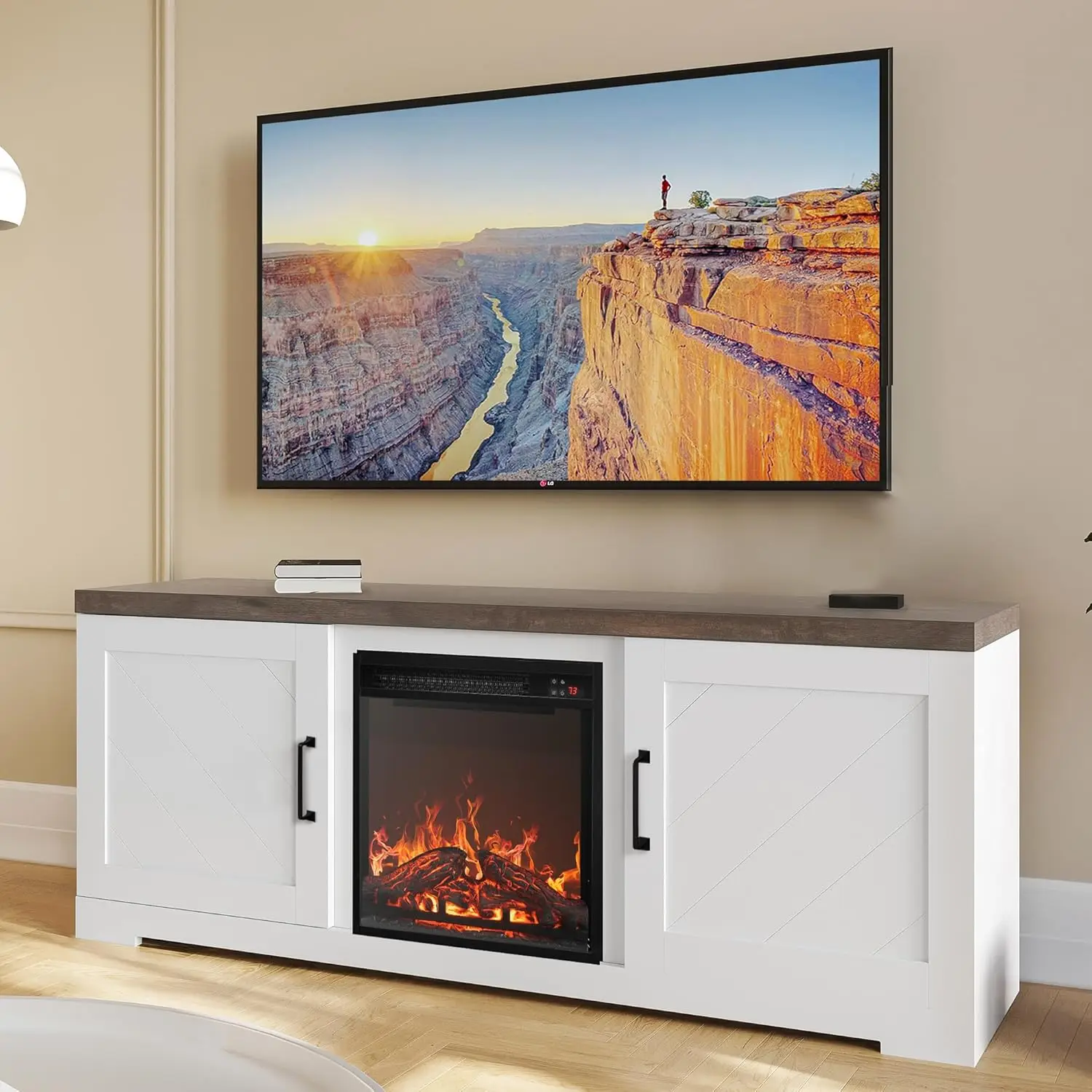 Modern 58" Farmhouse TV Stand with 18" Electric Fireplace Heater & Media Entertainment Center for TV up to 65" Console Table