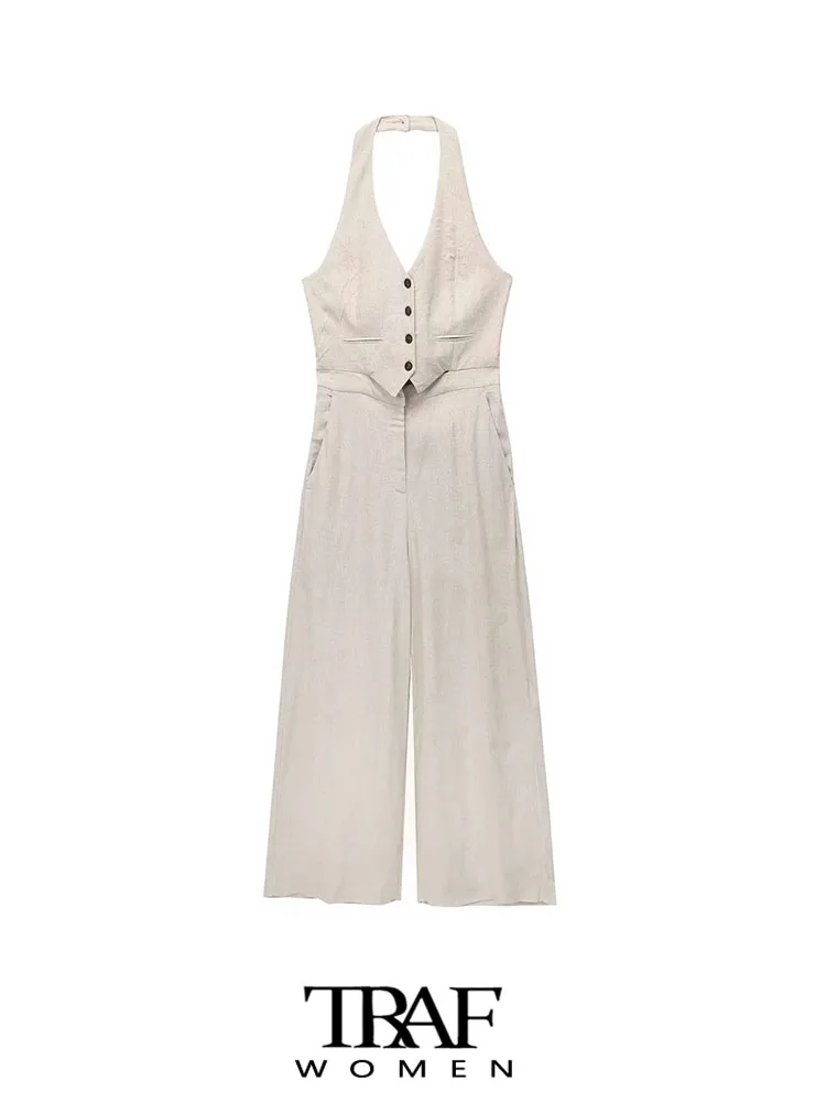 

TRAF Women Fashion Front Button Linen Wide Leg Jumpsuits Sexy Backless Halter Neck Female Playsuits Mujer