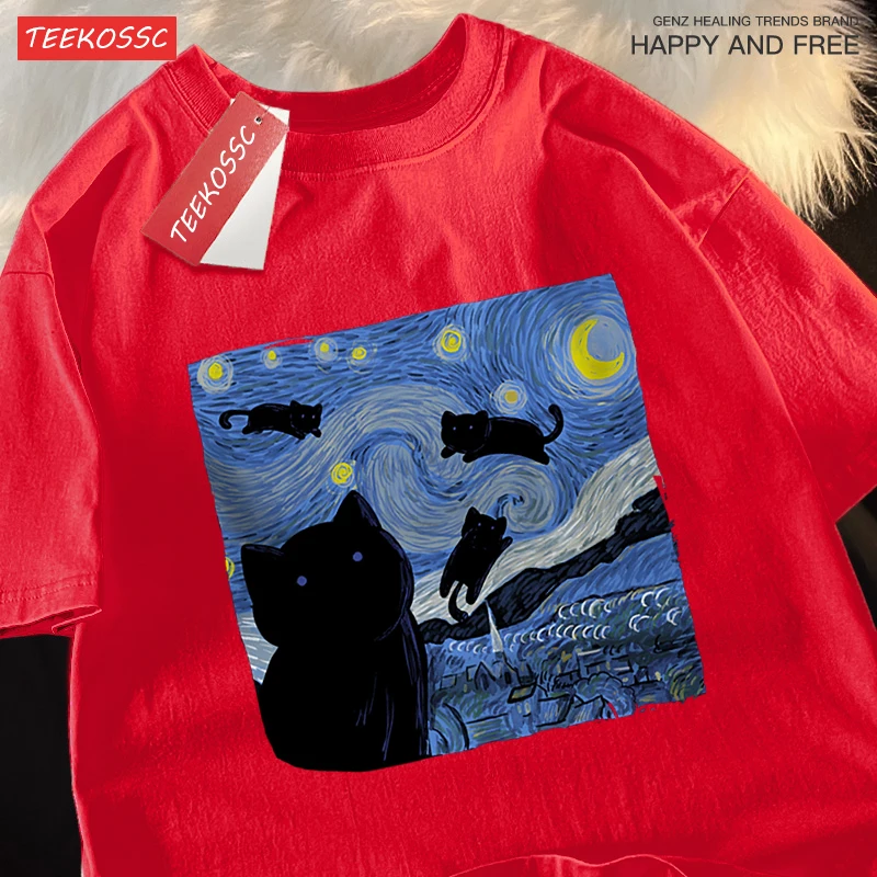 Oil Painting The Starry Cat Night Tshirt Men Women Casual Breathable Summer Tshirts Oversized Loose T Shirt Cotton Clothing