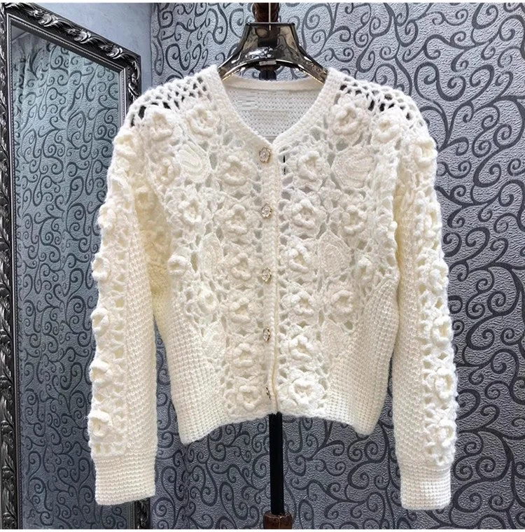 

New 2023 Autumn Winter Knitted Cardigan High Quality Women V-Neck Crochet Knitting Long Sleeve Casual Soft Wool Cardigan Coats