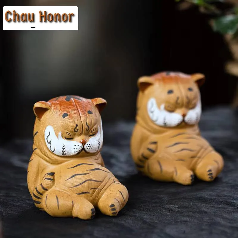 Yixing Handmade Sculpture Purple Clay Tea Pet Cute Tiger Statue Lucky Tea Figurine Ornaments Crafts Chinese Tea Set Decoration