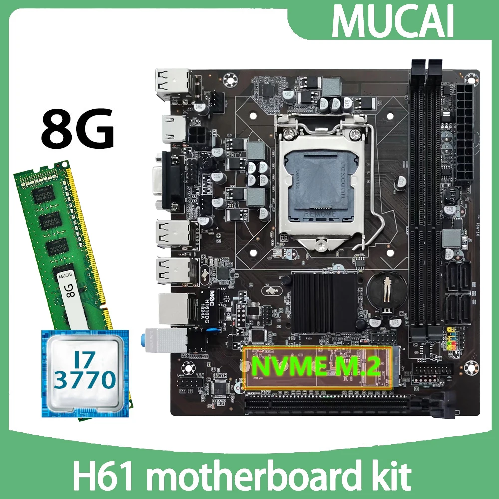 Scheda Madre Mucai H61 Ddr3 8Gb 1600Mhz Memoria Ram Con Processore Cpu Intel Core I7 3770 E Kit Lga 1155 Set Pc Computer