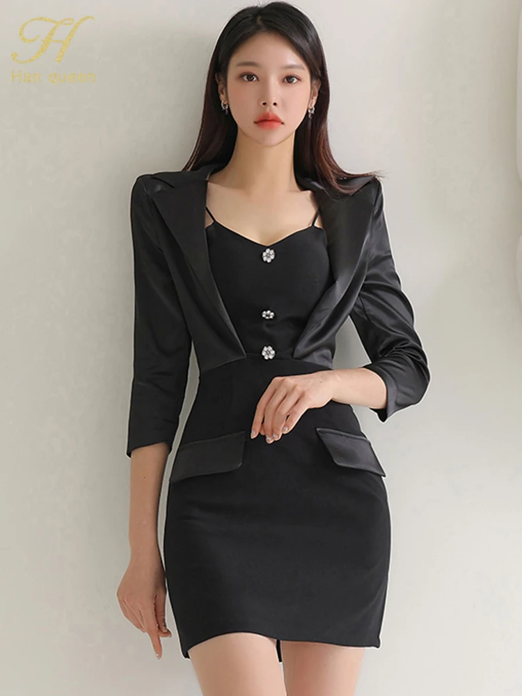 

H Han Queen 2023 Autumn Elegant Pencil Dresses Women Korean Vintage Vestidos Fashion Simple Buttons Office Party Casual Dress
