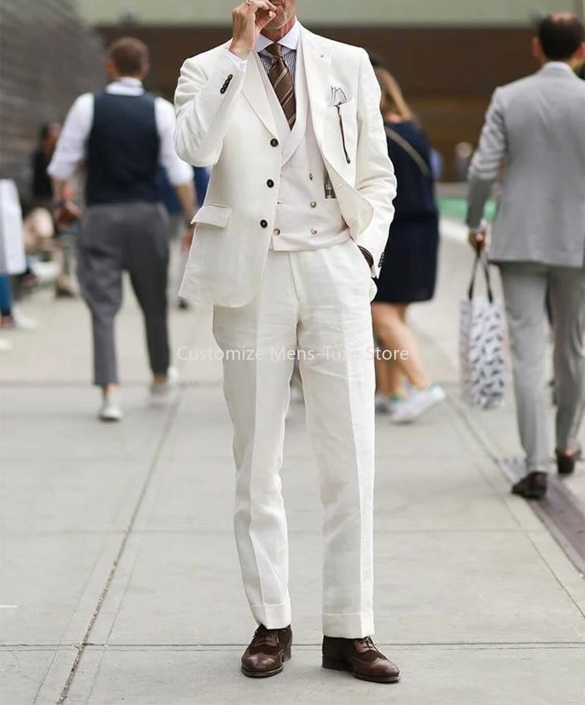 Men Suits Slim Fit Notch Lapel Single Breasted Wedding Party Business Casual White Linen Suit
