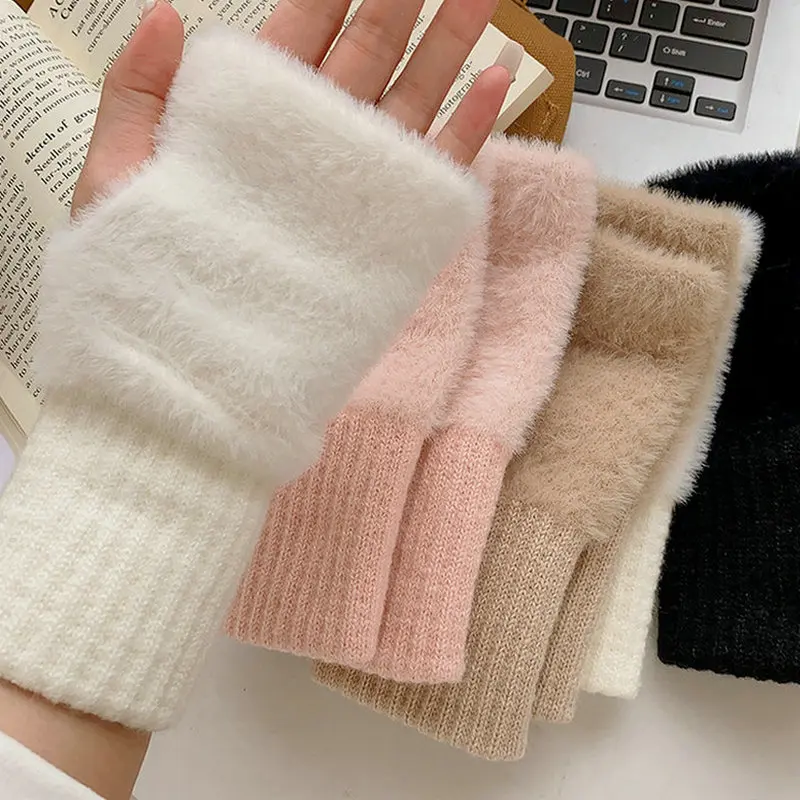 2023 New Winter TouchScreen Plush Warm Gloves Women's Men's Outdoor Warm Stretch  Furry Mittens Wool Half Finger Fingerless
