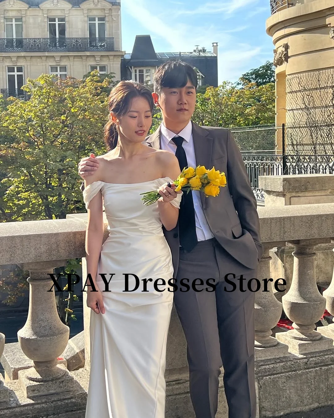 XPAY Elegant Off Shoulder Wedding Receipt Dresses Korea Photo shoot Silk Satin Floor Bridal Gowns Corset Back Simple Customized 4
