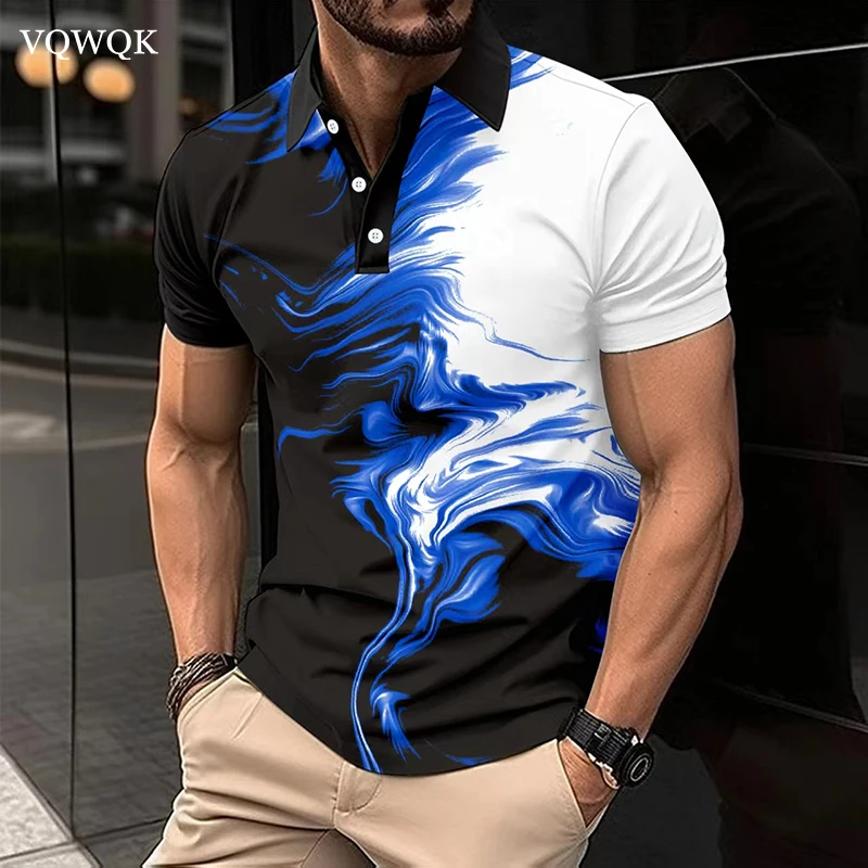 VQWQK Men's short-sleeved polo shirt, printed clothing, fashionable casual top, summer streetwear, new ink