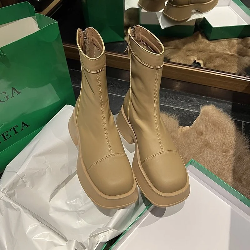 Women Fashion Mid-calf Boots 2022 Autumn Winter Korean Shoes Soft Leather Lace-up Platform Ladies British Style Chelsea Boots