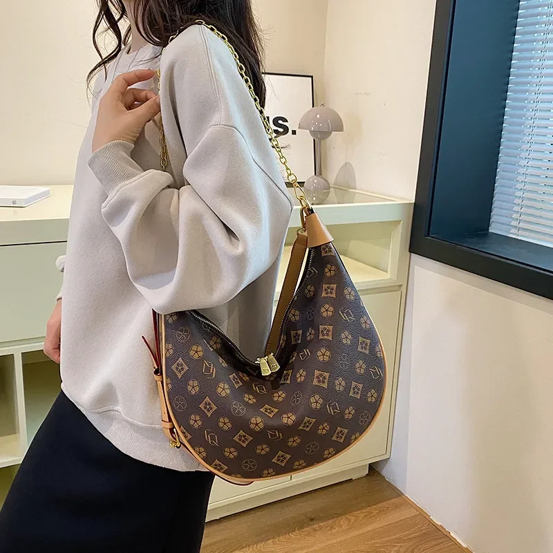 Designer Patterned Hobo Bag with Chain Detail & Adjustable Strap Fashion Stylish Versatile Trendy Women's Handbag