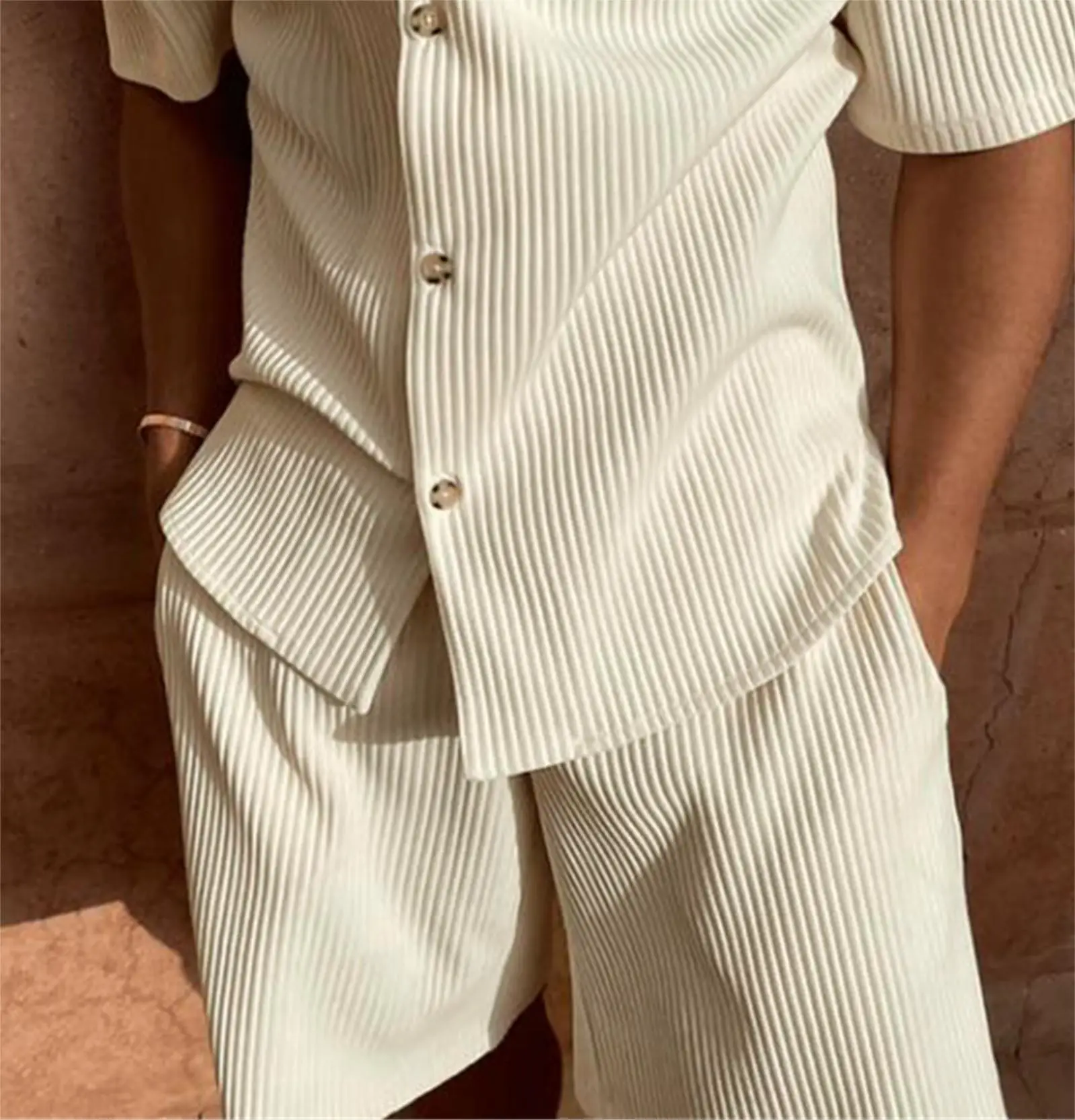 Spring/Summer suit Solid color corduroy shorts sleeve shirt and shorts stretch beach casual suit Best Sellers In Men's Clothing