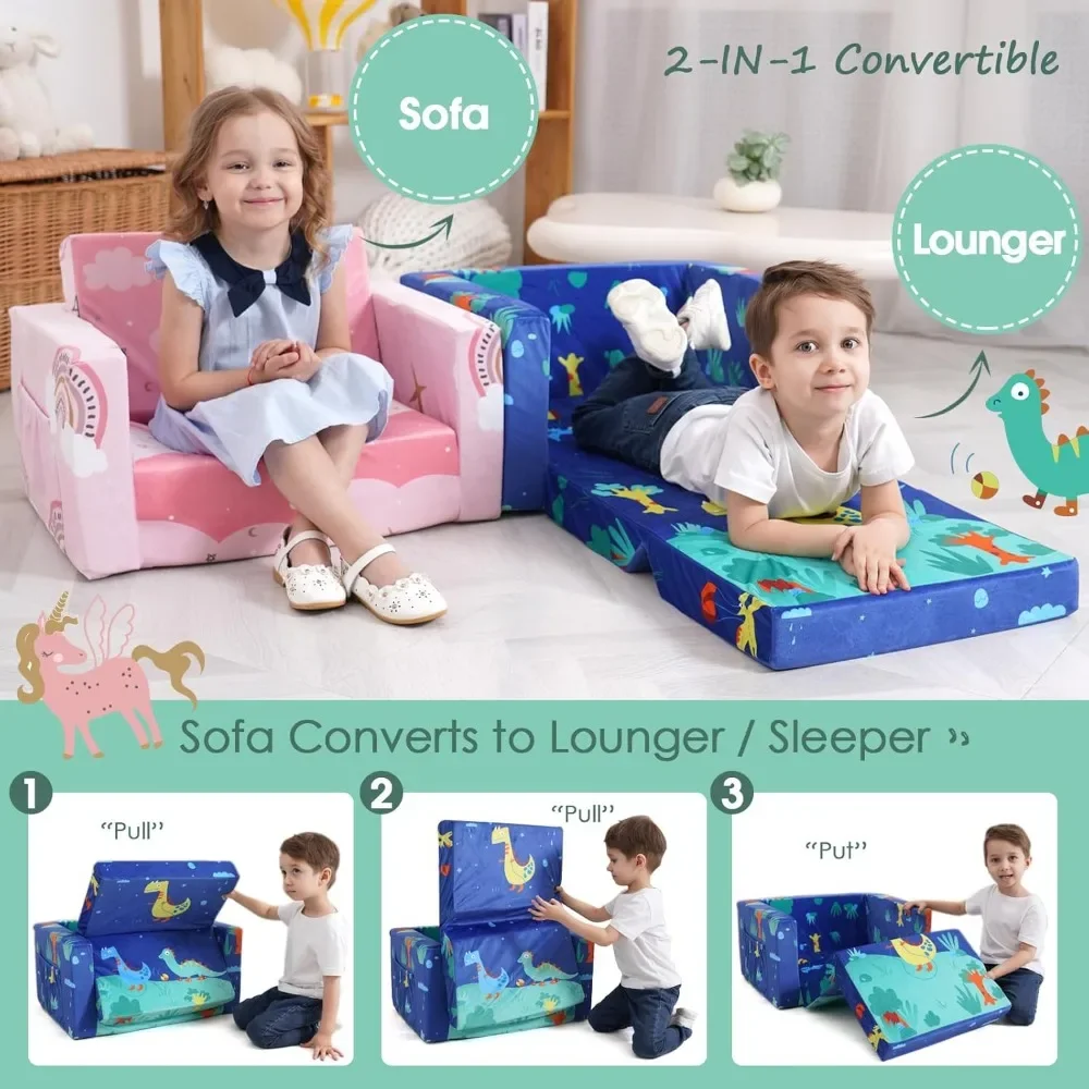 children's sofas, Kids Couch: Toddler Sofa Bed Fold Out for Gilrs Boys Baby Flip Out Convertible Lounge Chair Dinosaur 4