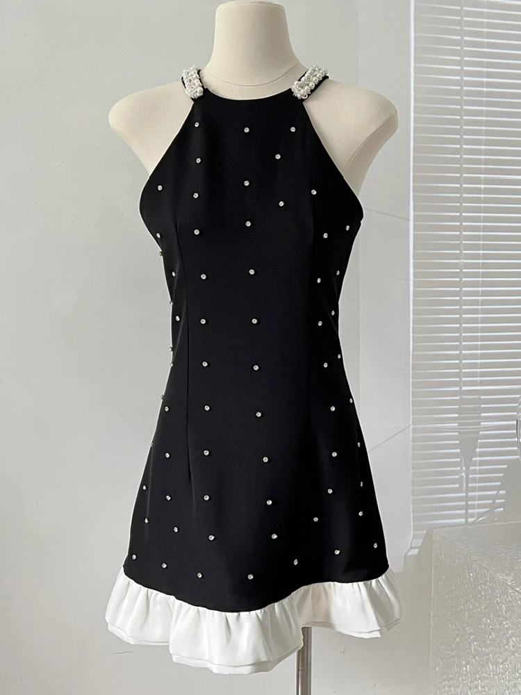 

Корейская мода, дизайнерское новое летнее лоскутное Черное короткое платье мини без рукавов, украшенное бисером, женское платье с надписью «Goblincore», клубная одежда