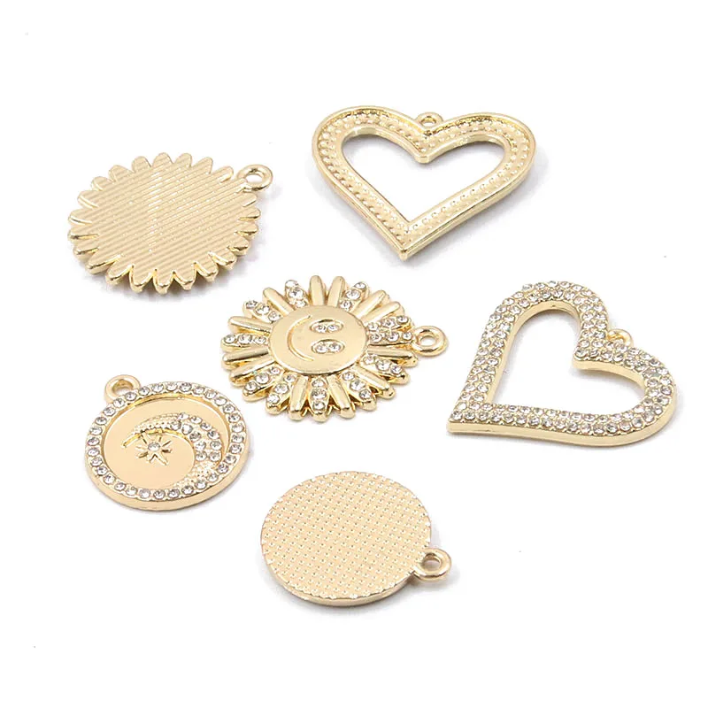 

5PCS 3 Styles Gold Metal Zinc Alloy Sparkling Round Sun Moon Heart Crystal Charms For DIY Necklace Bracelet Jewelry Making