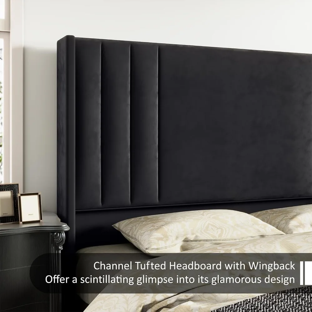 Queen Size Bed Frame, Velvet Upholstered Platform Beds with Vertical Channel Tufted Headboard & Footboard, Queen Size Bed Frame 5
