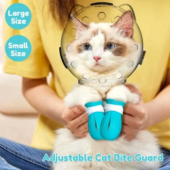 Cat Muzzle Breathable Transparent Anti-Bite Protective Space Hood Set Durable Cat Grooming Accessories with 4 Silicone Paw Shoes 2