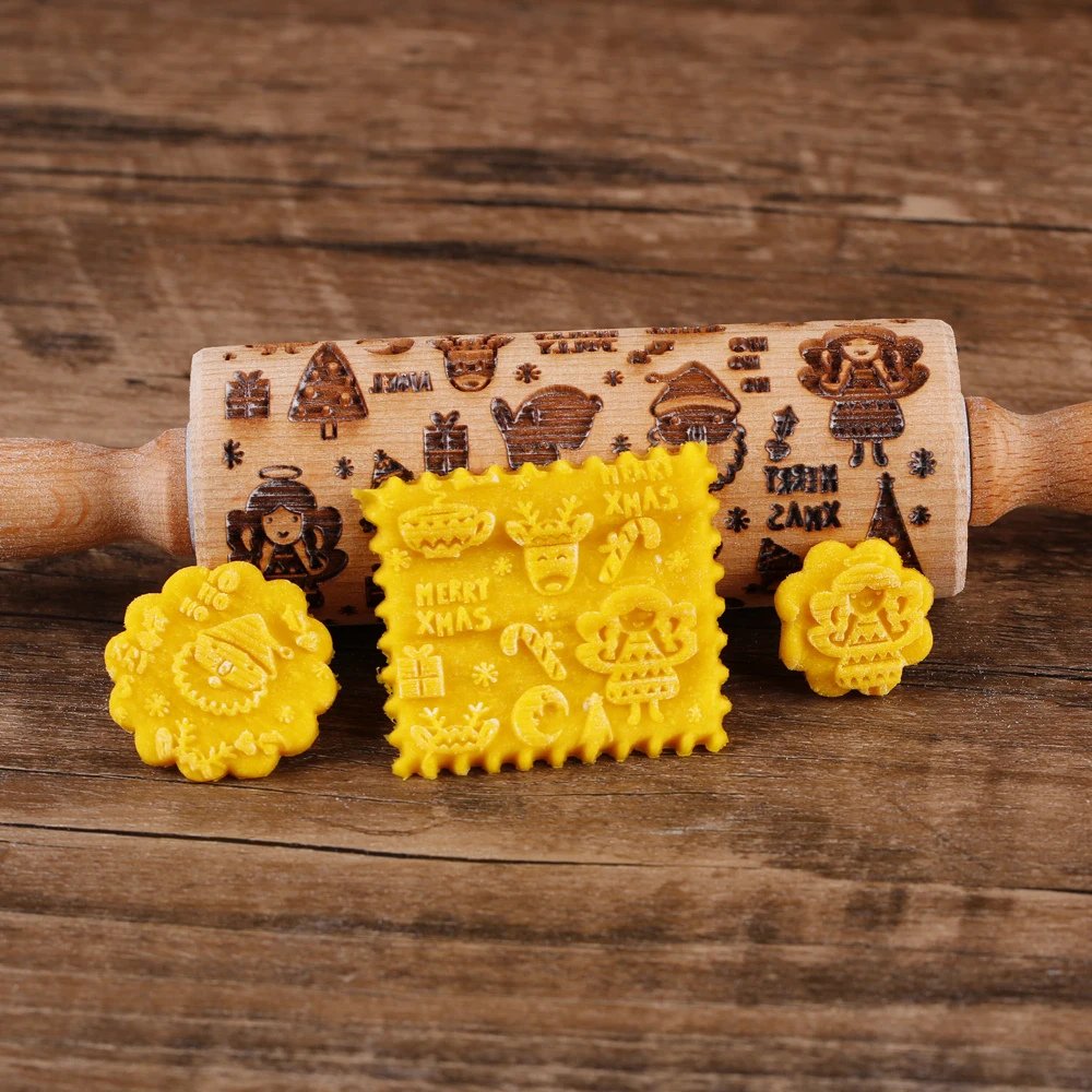 Description Picture 5 of item1pc 10inch Wooden Christmas Embossed Small Rolling Pin For Pastry Baking Tools Angel Elk Boots Deep Engraving Cookies Stamp Tool