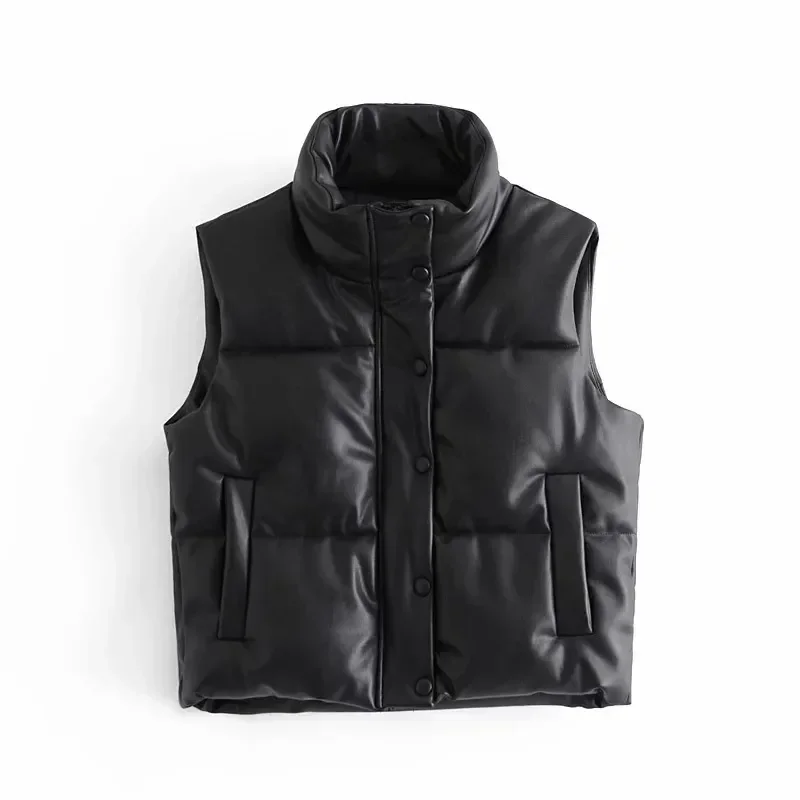 

2023 Autumn Winter PU Leather Coat Women Black Stand Collar Vests Women Fashion Zipper Elegant Short Vests Female Ladies