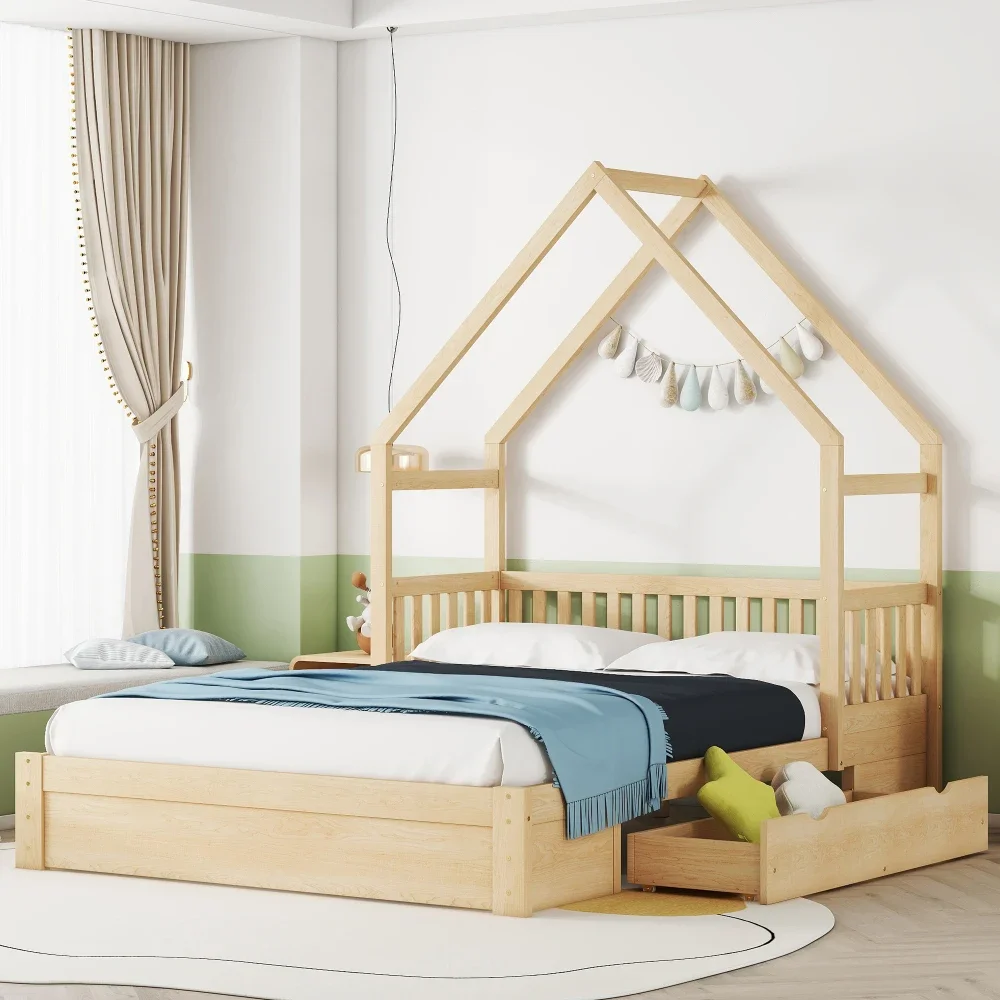 Children Beds Wood Queen Size House Platform Bed Guardrail and 2 Drawers,White Wooden Bed Bunk Beds for Kids Children Furniture 2