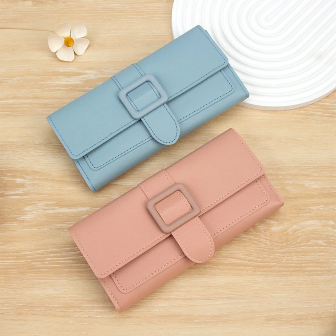 Fashion Women Long Wallet PU Leather Tri-Fold Clutch Buckle Money Bag Multi-card Slot Ladies Card Holder Zipper Coin Purses