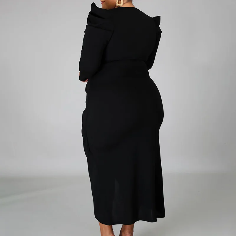 Plus Size for Clothes Women Evening Party V-Neck Bag Hip Irregular Dress Solid Color Pleated Long Sleeve Slim Split Fork Dresses