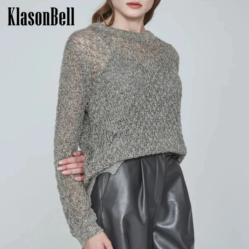 

5.7 KlasonBell Elegant Bling Sequins Handmade Crochet Knitwear Top Women's O-Neck Loose Hem Drawstring Pullover Sweater