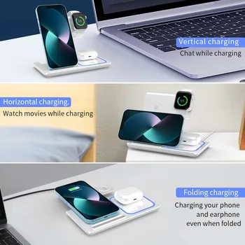 30W LED Fast Wireless Charger Stand 3 In 1 Foldable Charging Station,For IPhone/Apple Watch 9 8 7 6 5/Airpods Pro 4
