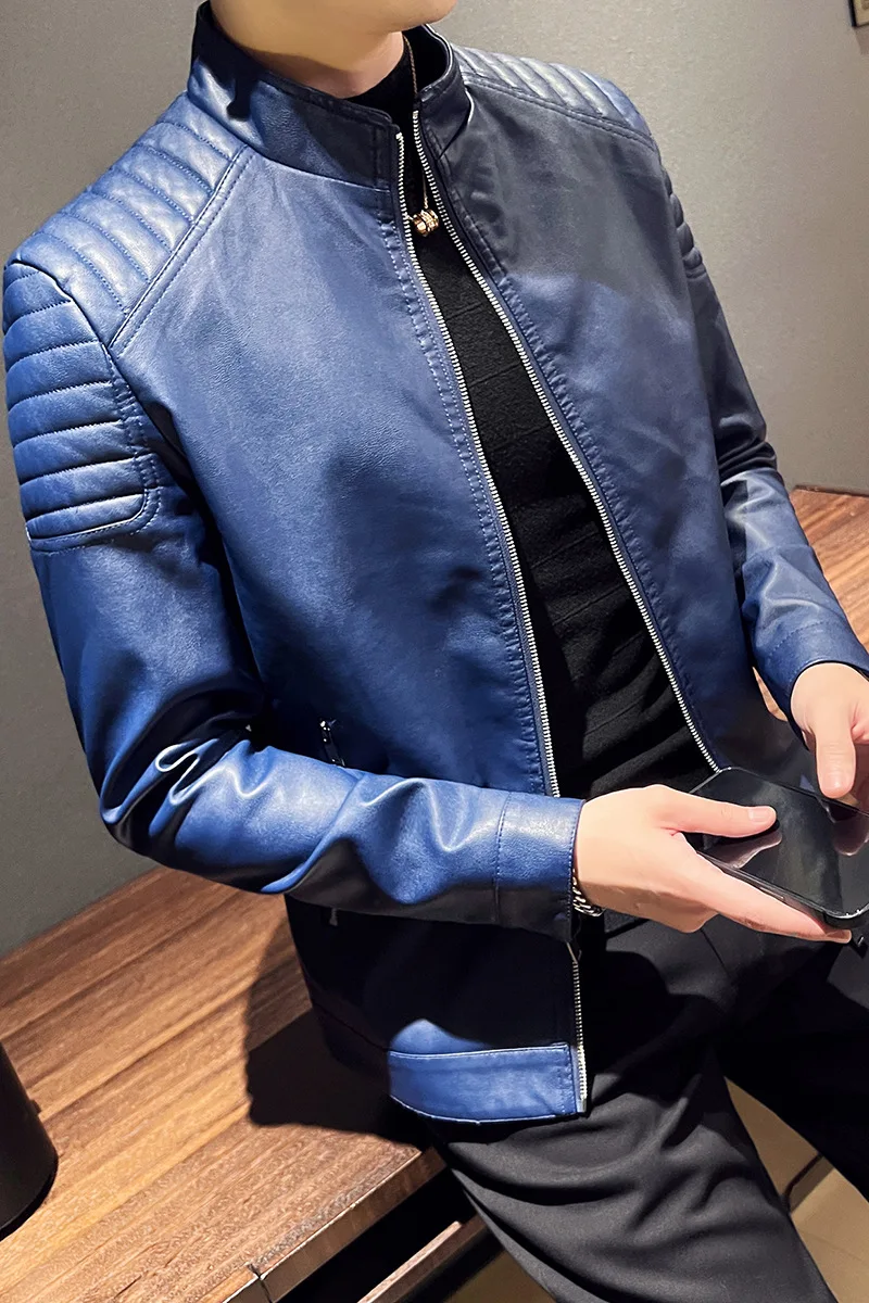 Motorcycle Leather Jacket Men Autumn and Winter Version Trendy Slim Fit Ruffian and Handsome Standing Collar Leather Jacket