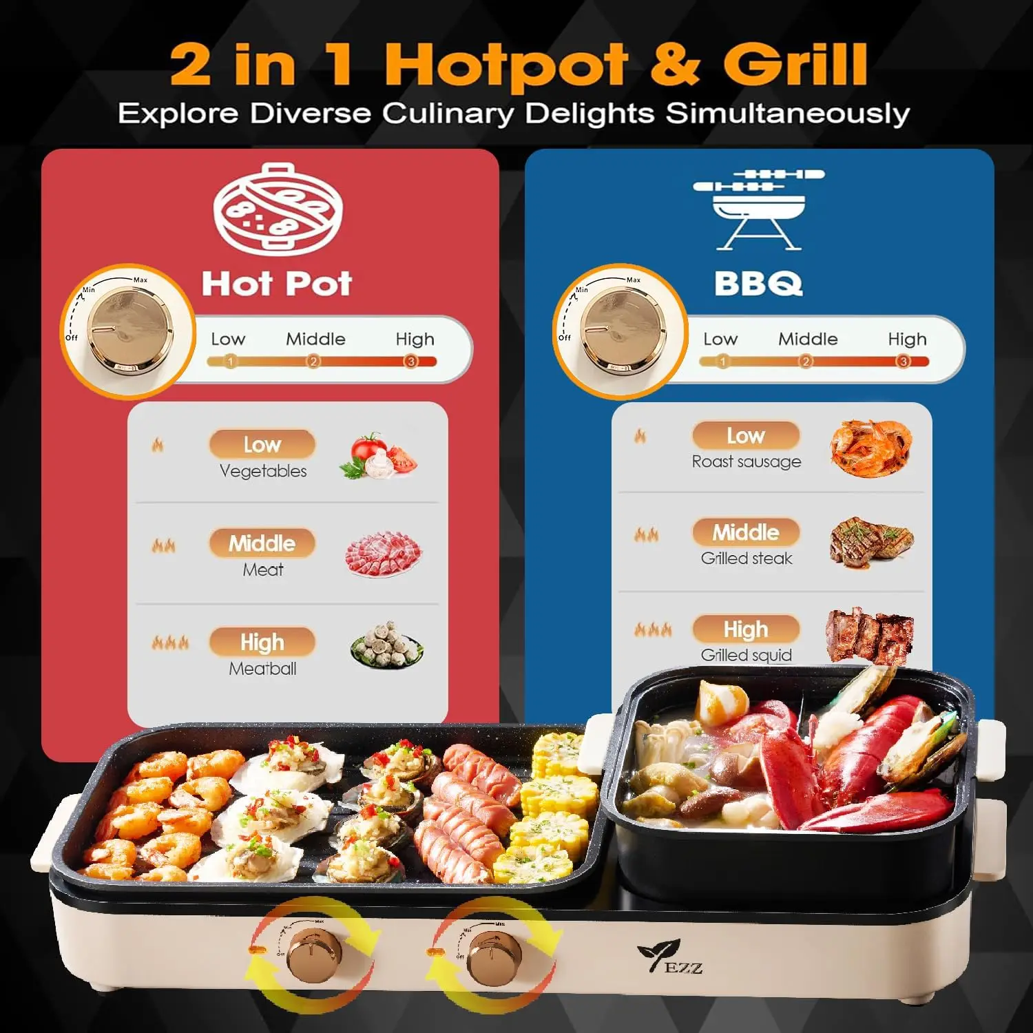 Hot Pot with Grill,Indoor Hot Pot 2 in 1 Multi-function Smokeless Shabu-Shabu Hotpot Korean BBQ Grill for Simmer,Separate Dual T 2