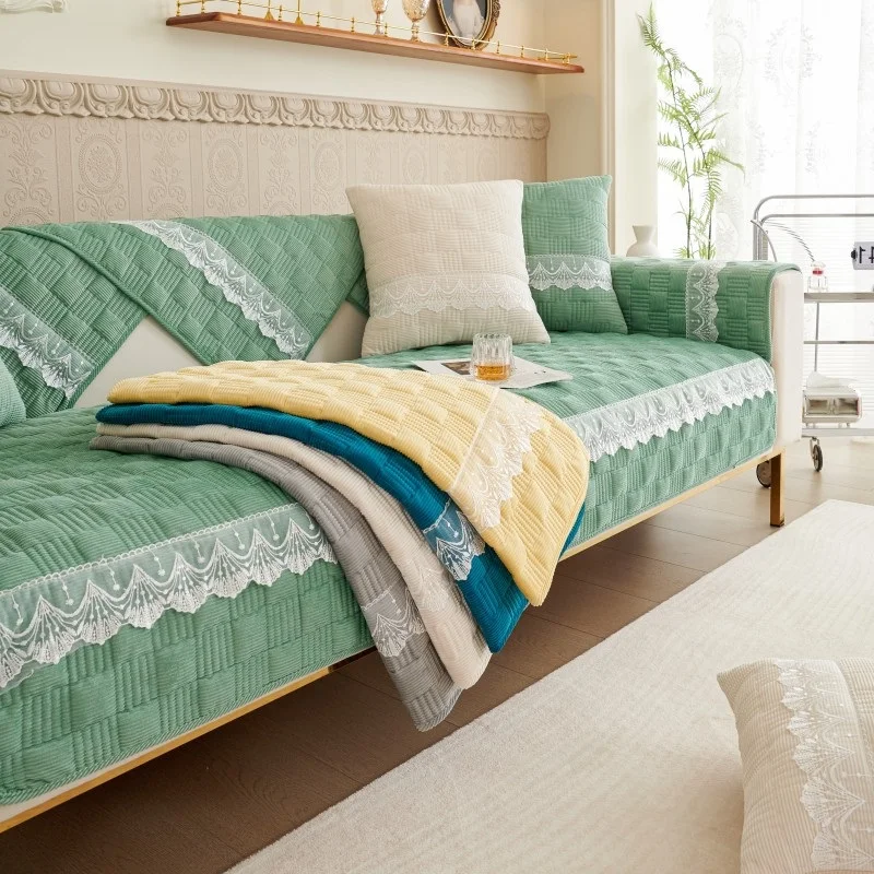 

Plush Sofa Cover Cushion Corduroy Plaid Lace Cover Fabric Living Room Sofa Cushion Thickened Non-Slip Back Cover Soft comfort