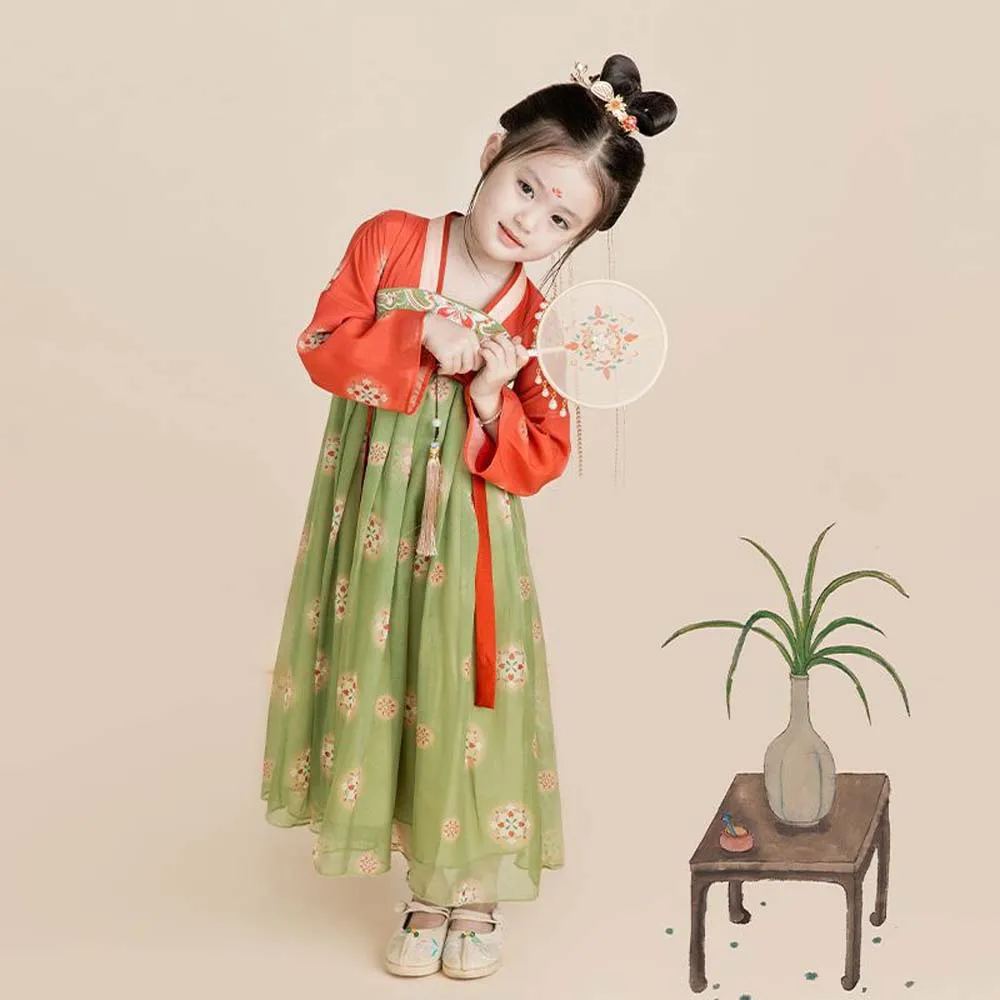 Chinese Hanfu Dress Girls Dunhuang Style Tang Dynasty Ancient Hanfu Dress Children Fairy Cosplay Green Red for Girls