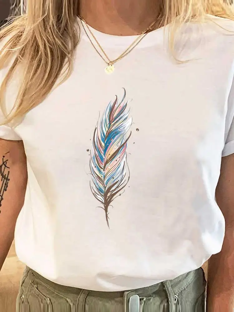 

Футболка женская с коротким рукавом и принтом, Модная стильная тенниска с рисунком перьев и акварелью, повседневная майка с графическим принтом