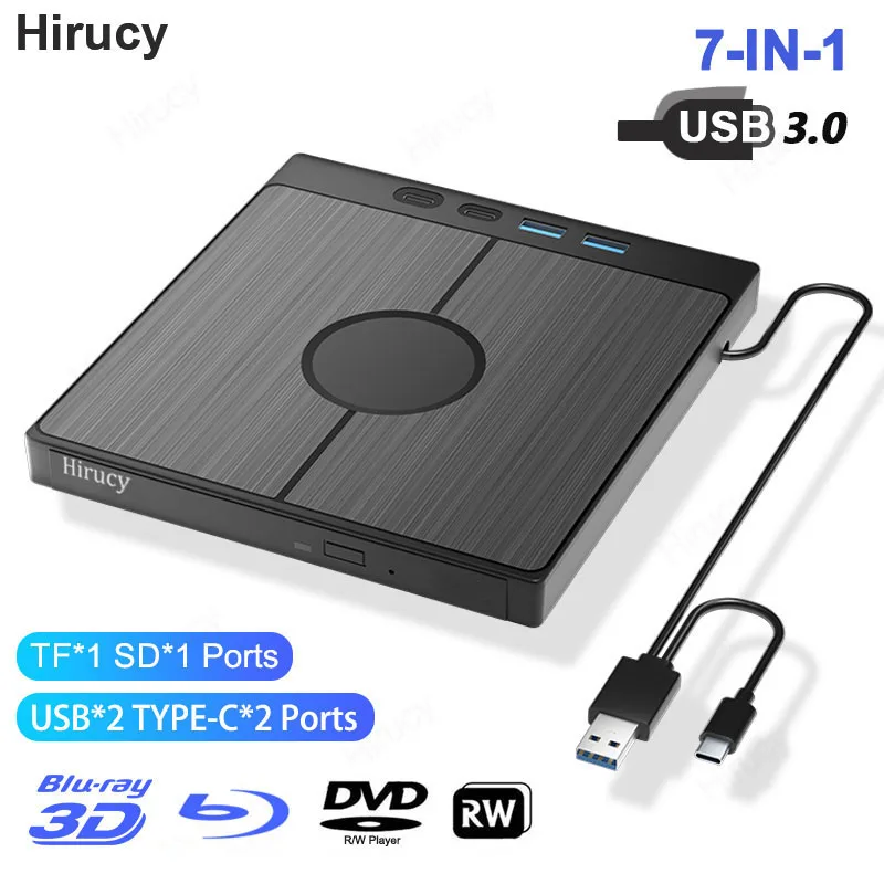 7 in 1 External Bluray Drive USB 3.0 Type-C BD DVD CD-RW Player Portable Optical Burner with SD/TF Card Slot for Laptop PC