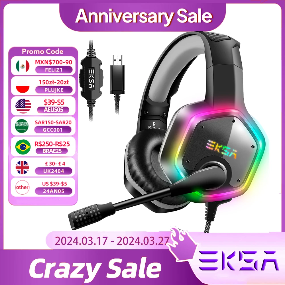 Cuffie Da Gioco Eksa 1000 Con Rgb/7.1 Surround Sound/Noise Cancelling Mic/Line Control, Cuffie Over-Ear Usb Per Gamer/Pc/Ps4/5