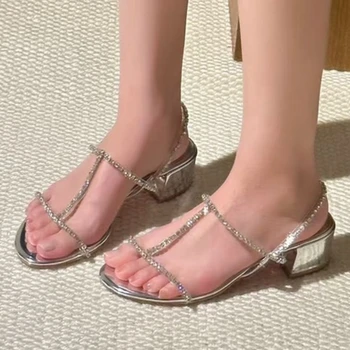 Silver Rhinestone Narrow Band Heeled Sandals Women Sexy Open Toe Chunky Designer Shoes Elegant Party Dress Shoes Sandalias Mujer