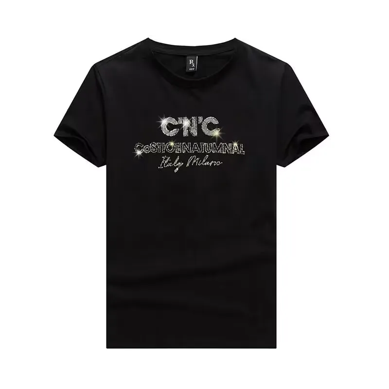 

Men's CNC Men's T-shirt High-end Hot Diamond Lettering White Casual Short Sleeved T-shirt Mercerized Cotton Slim Round Neck