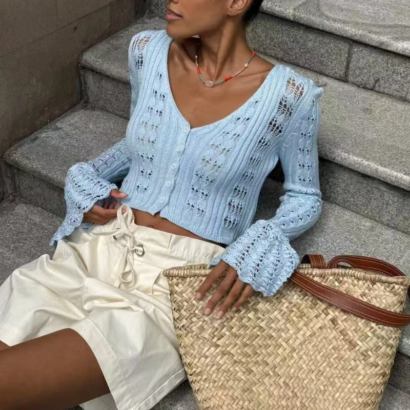 2025 Summer Women's New V-neck Knitted Cardigan with Hollow