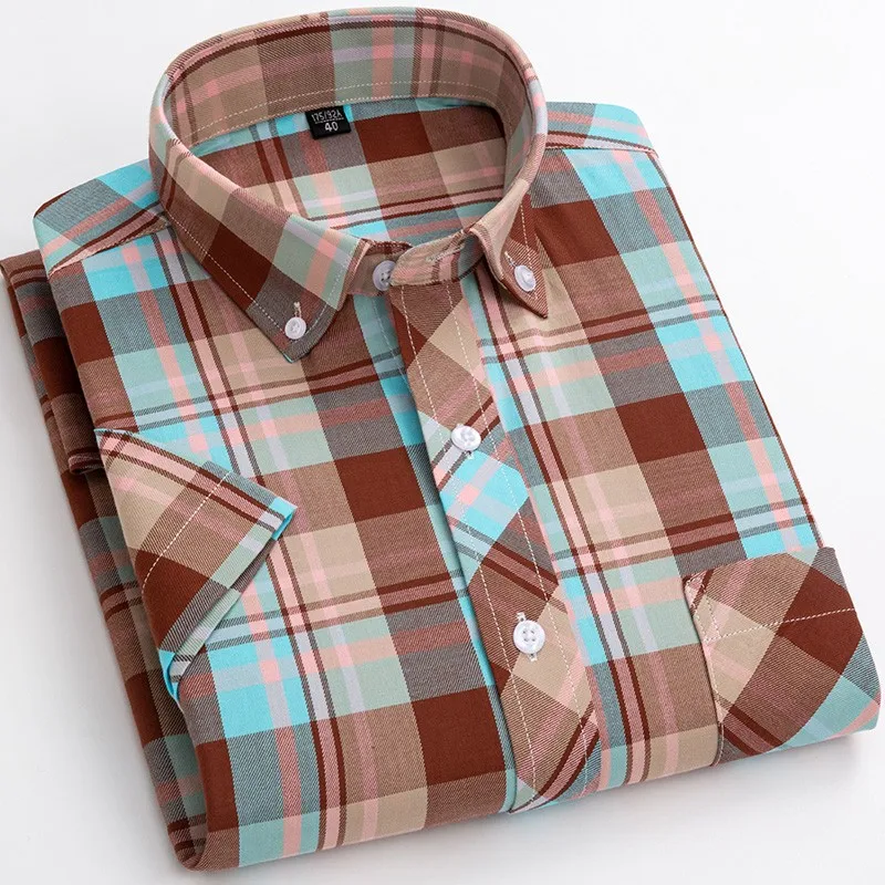 

New Fashion Dress Shirts Short Sleeve For Men's Cotton Button-down Collar Soft Comfortable Young Casual Plaid Shirt And Blouses