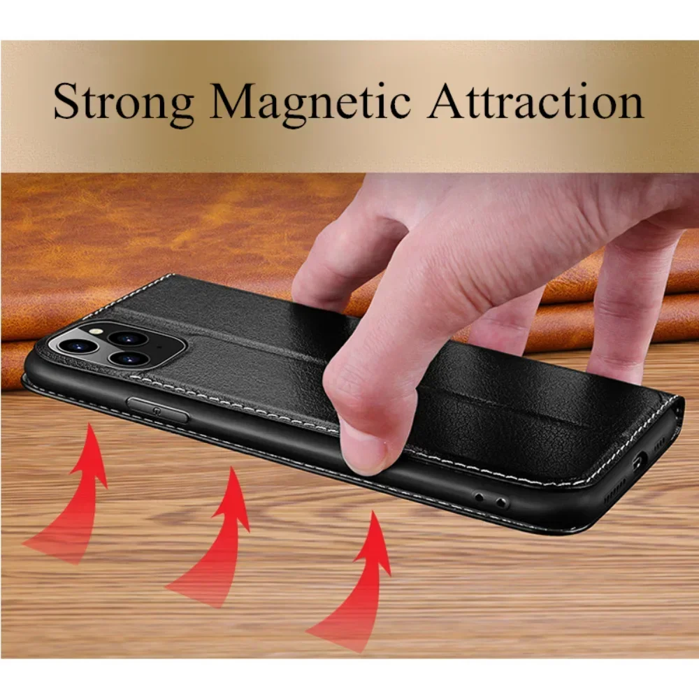 Premium Genuine Leather Magnetic Flip Phone Case with Clear View Window