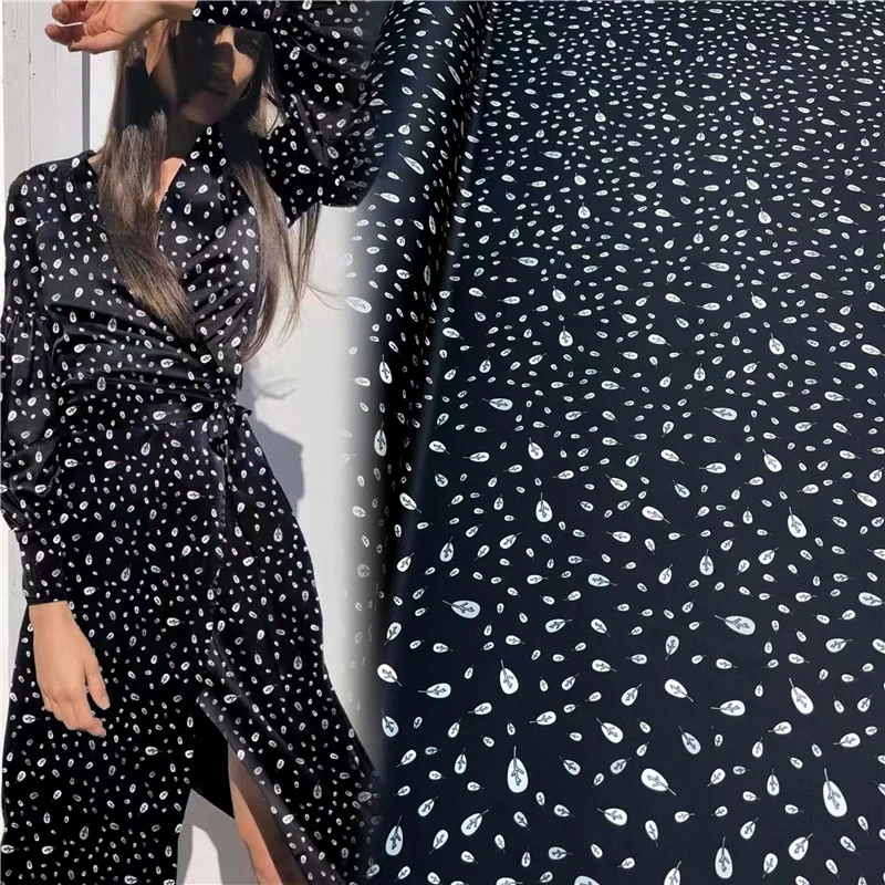 

High-end Fashion T Family New Small Leaf Digital Printing Stretch Satin Silk Fabric Handmade DIY Summer Clothing Material Cloth