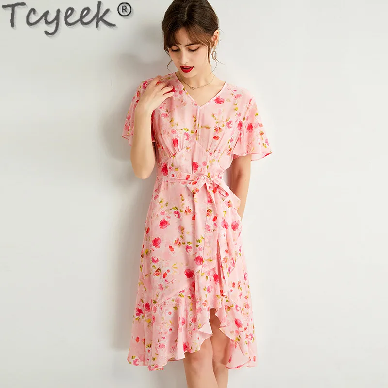 

Tcyeek 100% Mulberry Silk Dress Summer Clothes Fashion Midi Dresses for Women Elegant and Pretty Women's Dresses French Style