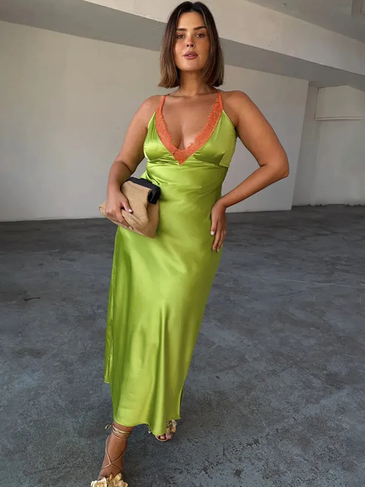 Apprabant Women's Lace Patchwork Satin Maxi Slip Dress Deep V-Neck Sexy Backless Sleeveless Contrast Slim Long Dress Partywear 1