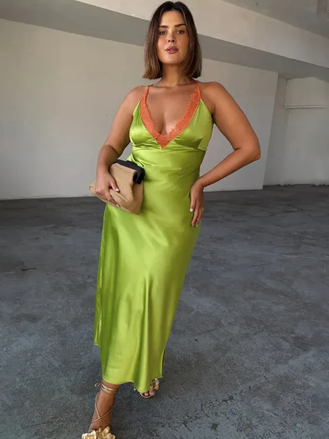 Apprabant Women's Lace Patchwork Satin Maxi Slip Dress Deep V-Neck Sexy Backless Sleeveless Contrast Slim Long Dress Partywear 1