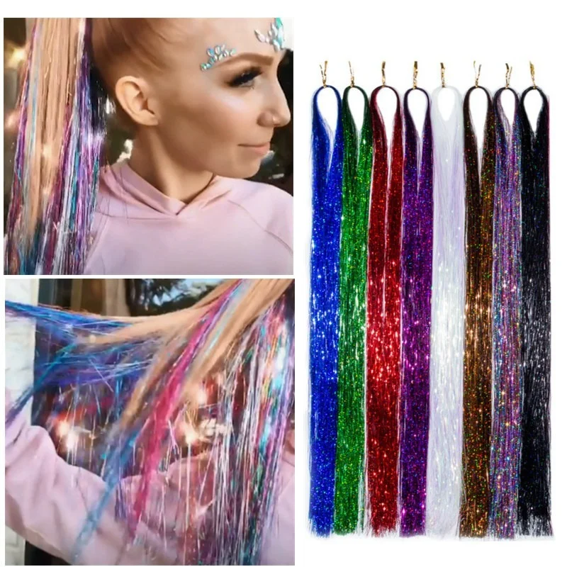 Brilho brilhante cabelo estanho arco íris extensões de cabelo de seda dazzles feminino hippie para trança cocar longo 100cm 120 fios/saco