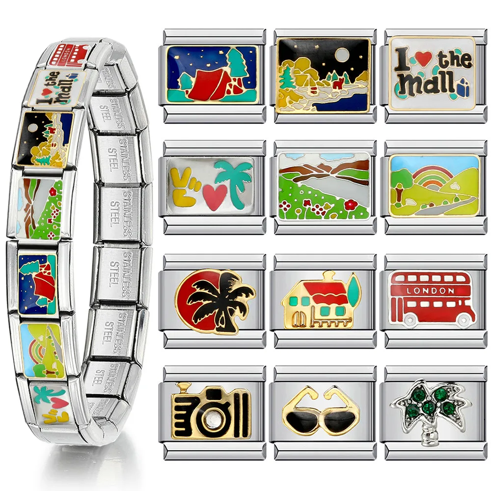 1pc Y2K Italienischen Charm Armband Urlaub Reise Landschaft Kamera Edelstahl DIY Machen Elastische Link Kette Mode Schmuck – Detail 1