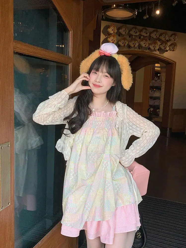 

Candy Color Sweet Mini Dress Lace Up Elastic Loose Small Fresh Dresses Holiday Style Vintage Ruffles Pink Vestidos