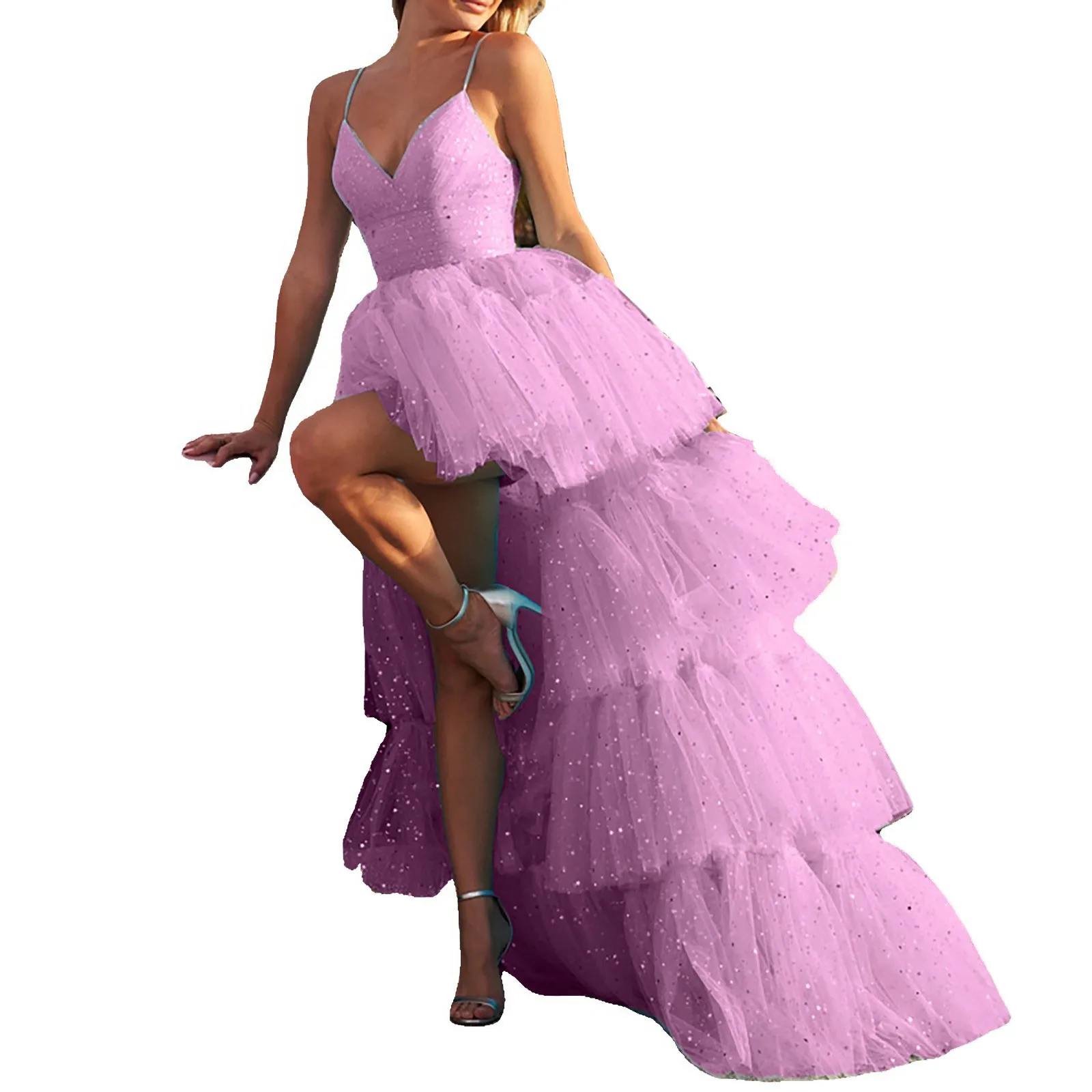 

Tulle Prom Dress V Neck A Line High Low Evening Party Gown Ruffles Maxi Dress With Belt Women Guest Wedding Long Dress