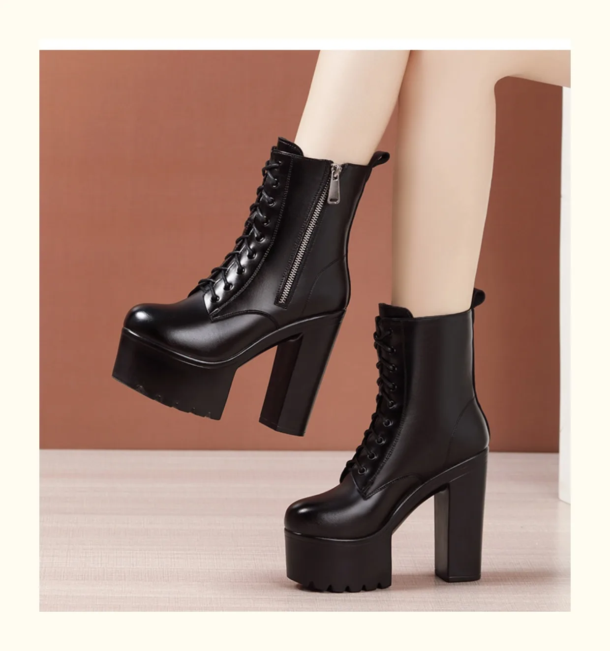 High quality short ankle leather cowhide boots for women 14cm high heel platform 2024 autumn winter 32 33 43 fashion shoe black