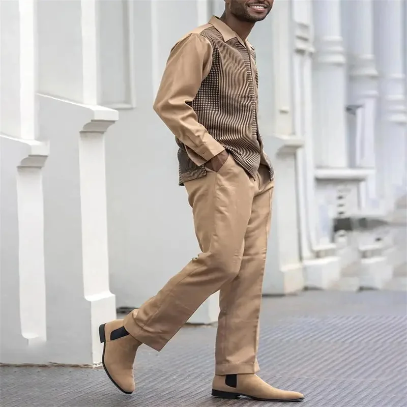 2023 fashion spring and summer men's casual two-piece suit long-sleeved top trousers suit solid color suit men's streetwear men