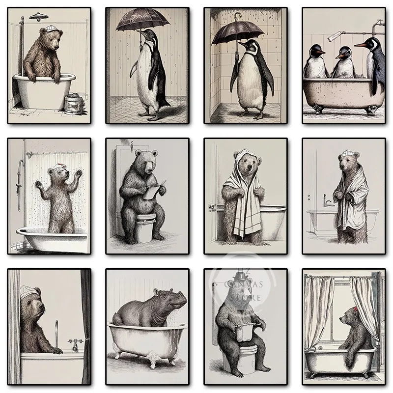 Funny Bear in Bathrobe Penguin Bath Tub Vintage Surreal Poster Animal Canvas Printing Wall Art Picture for Bathroom Toilet Decor