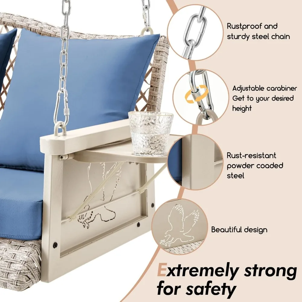 Upgraded Wicker Hanging Porch Swing Heavy Duty 900 LBS 3-Seat Outdoor Patio Swing Chair Bench for Adult w/ Hanging Chains 5